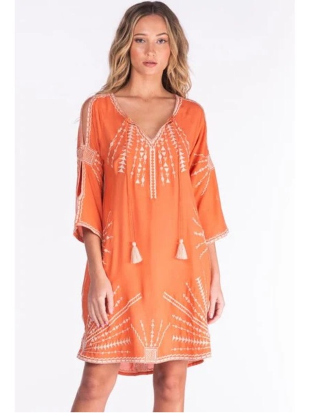 Tolani Medium Coral Orange Embroidered Boho Shift Dress Tassel Tie